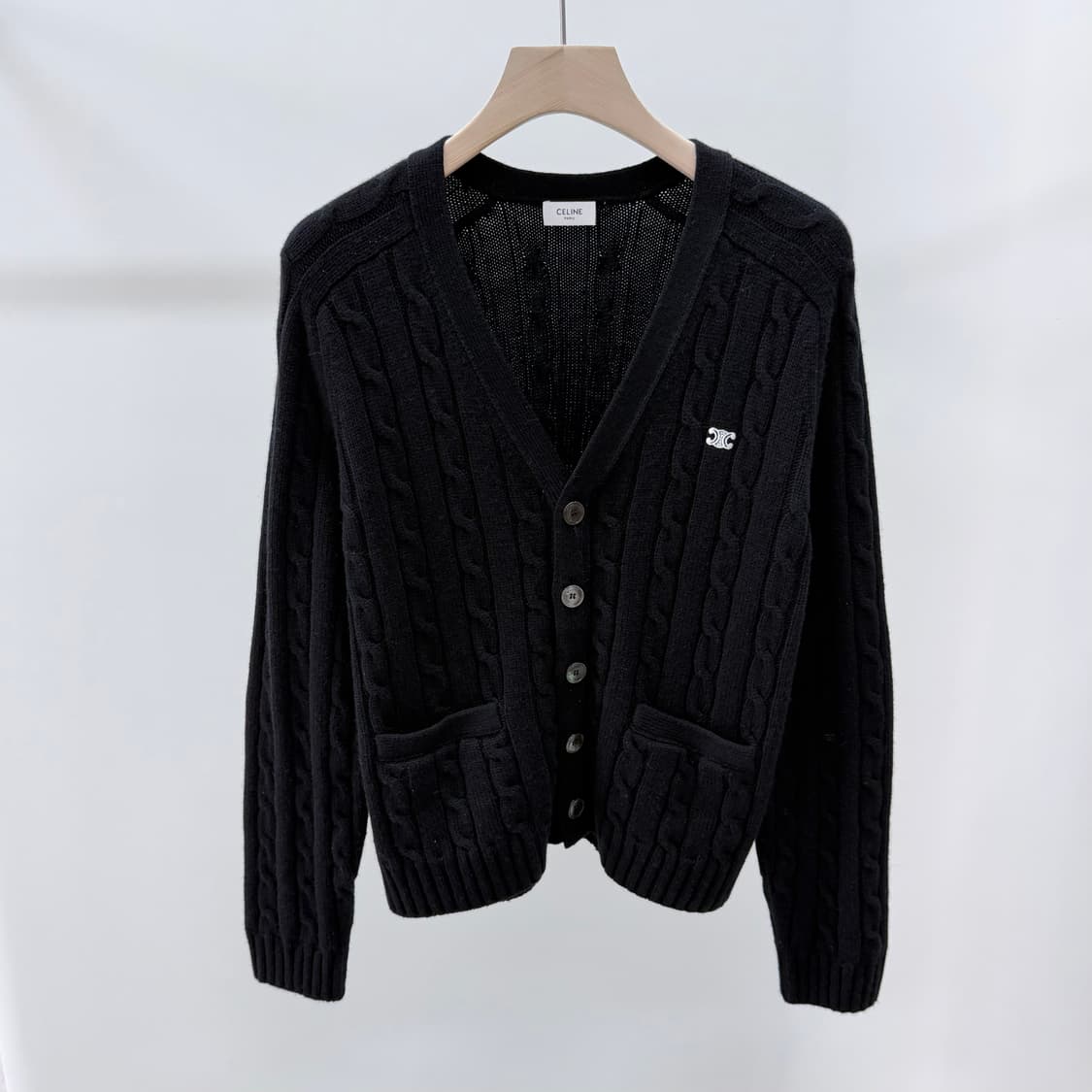 [S+급/M] 셀린느 트리오페 캐시미어 케이블 니트 가디건 블랙 상품이미지1