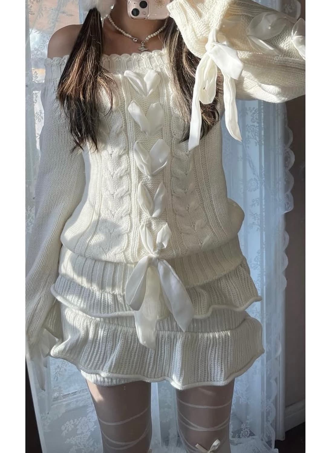 핑크믹스 리본 오프숄더 니트 히메 갸루 달천 핀터레스트 상품이미지8