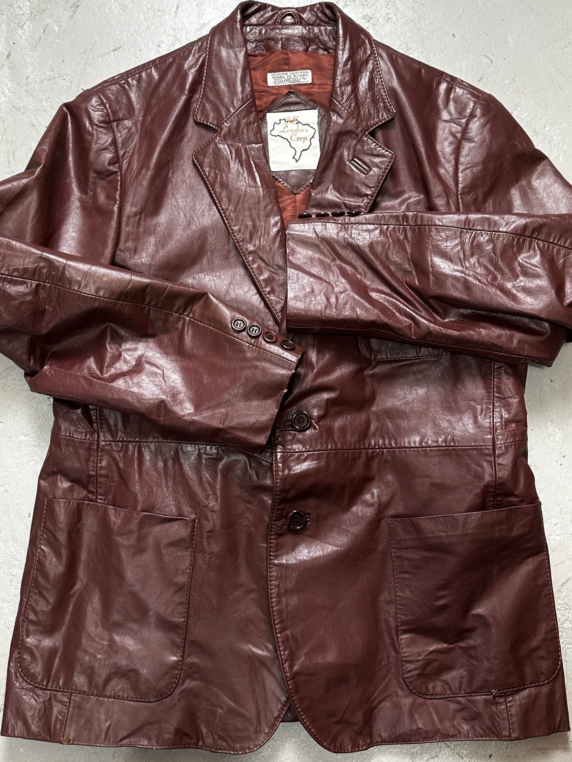 80's 빈티지 버건디 레더 자켓 파이트클럽 레더 블레이저 상품이미지8