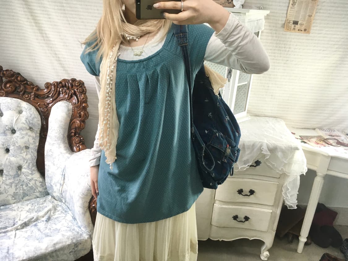 Set) 블루그린 민트 도트 블라우스+모리 레이스 티+레이스머플러 상품이미지1