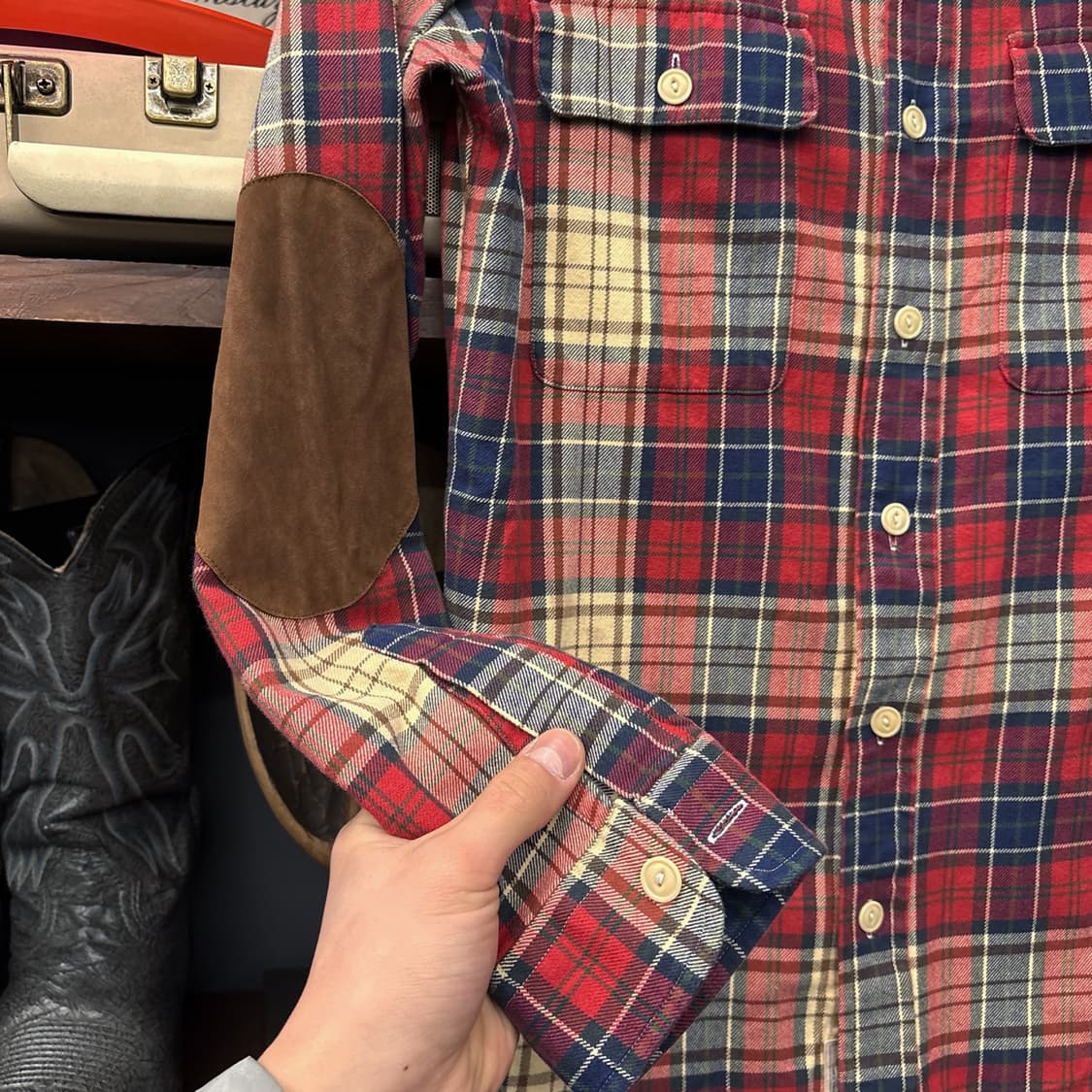 90s 폴로 랄프로렌 플래드 체크 레더패치 플란넬 워크셔츠 N1079 상품이미지6