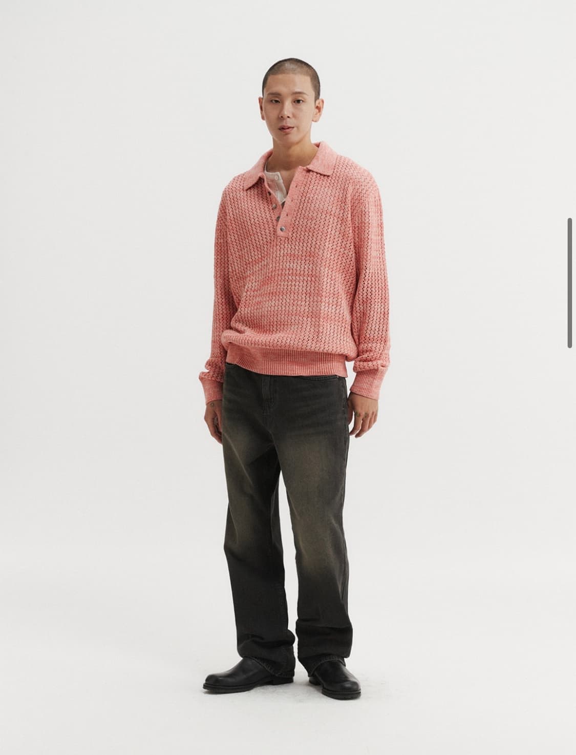 스카시 투톤 반오픈 단추 카라 니트 - 피치 3 상품이미지2