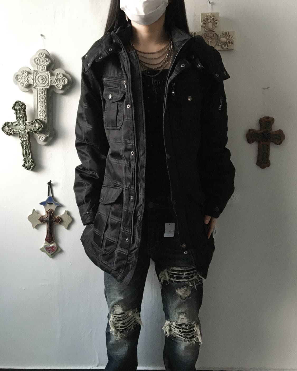 Check pattern high neck hood jacket 상품이미지1