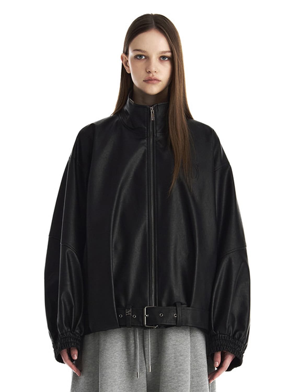 (택O) 트리밍버드 벨티드 오버사이즈 레더 블루종 자켓 상품이미지1