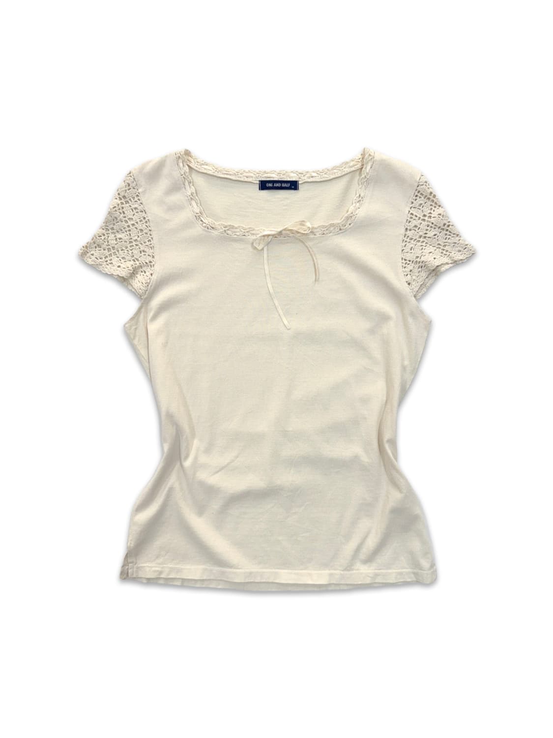 빈티지 ONE AND HALF 아이보리 니트 리본 반팔티 상품이미지1