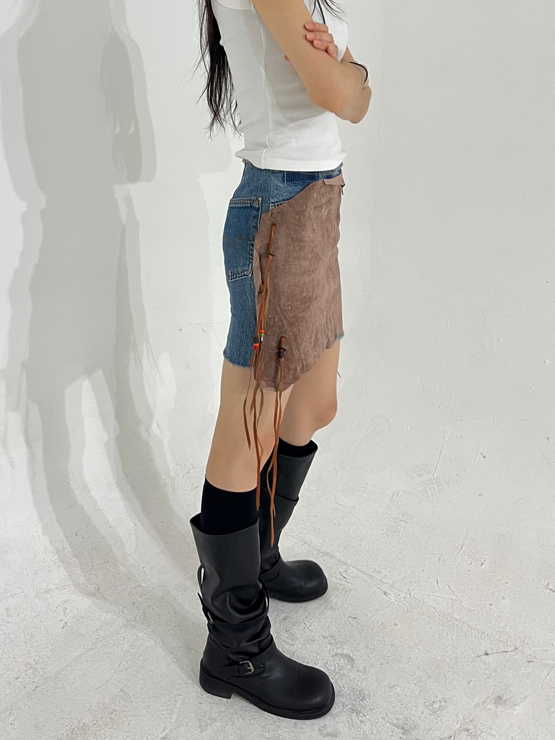 Junglecat leather denim skirt 상품이미지5