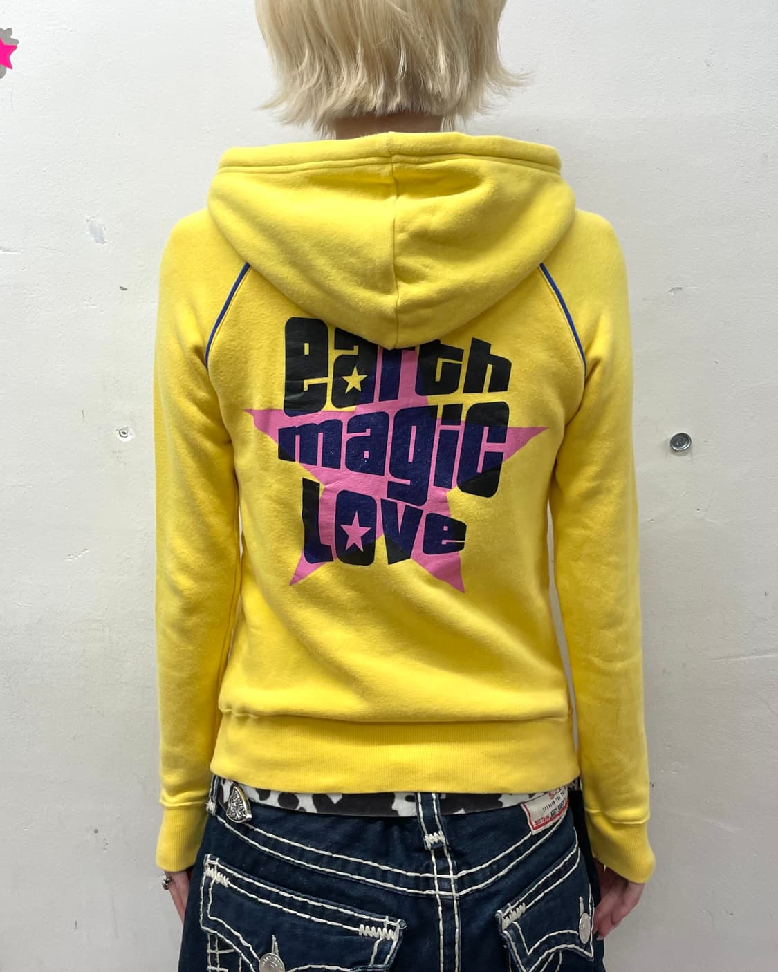 Retro Pink Star Yellow Hooded Zip-Up  상품이미지3