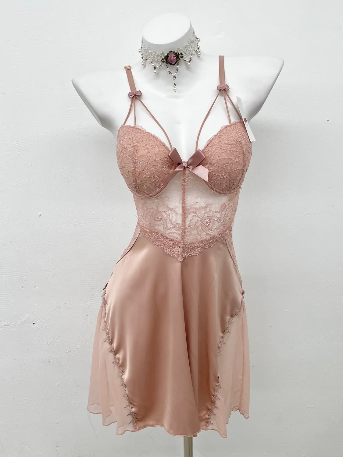 핑크 리본 레이스 슬립 상품이미지1