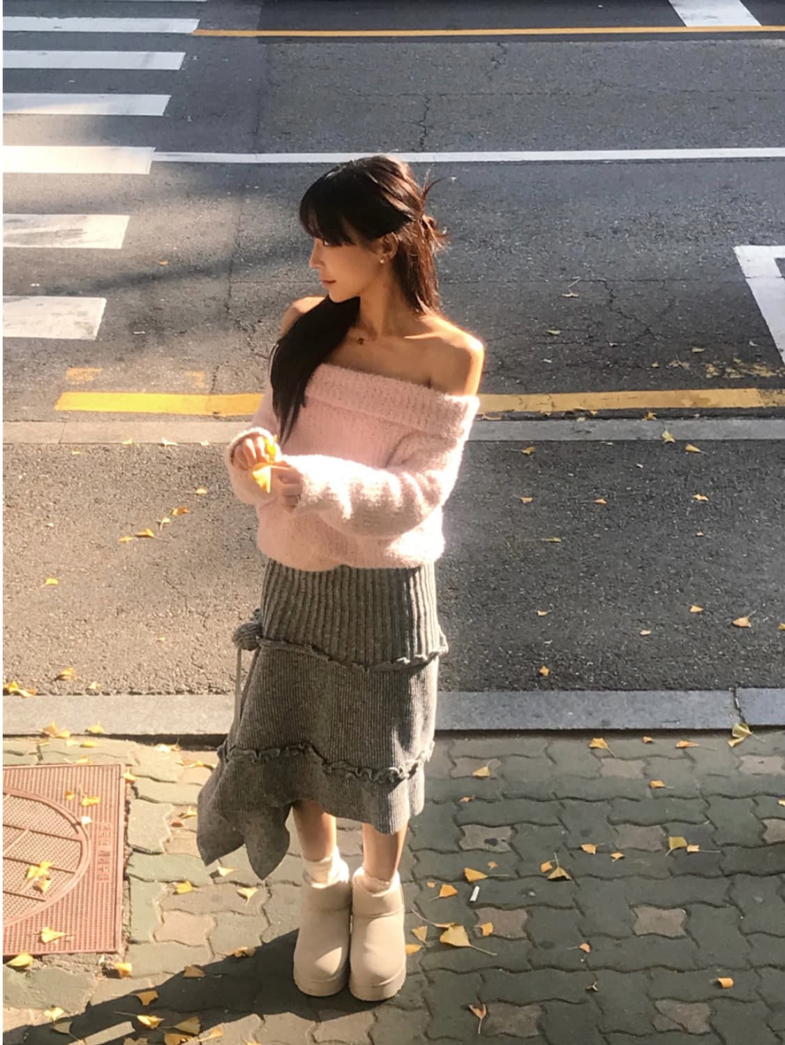 클라우드이모션 로지스 언발 그레이 니트 스커트 상품이미지2