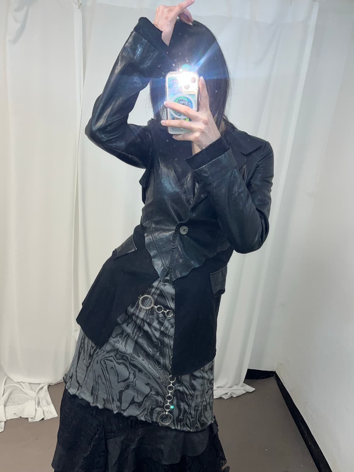 드레이프 블랙 레더 블레이져 상품이미지1