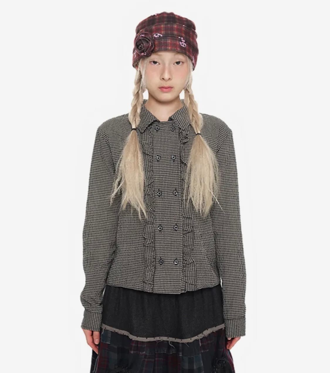 유쓰배쓰 더블 버튼 프릴 체크셔츠 블랙 상품이미지1