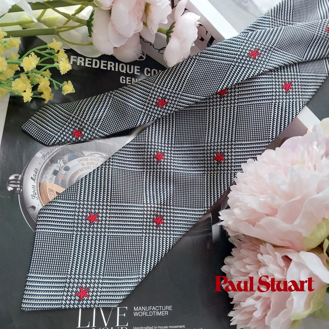 폴 스튜어트 실크 블랙&화이트 체크 넥타이 8.6cm A+등급 K1149 상품이미지1