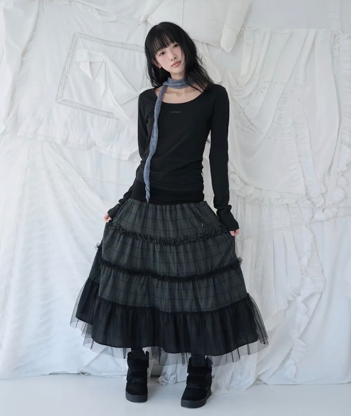 미레코 체크 프릴 스커트 카키 상품이미지1