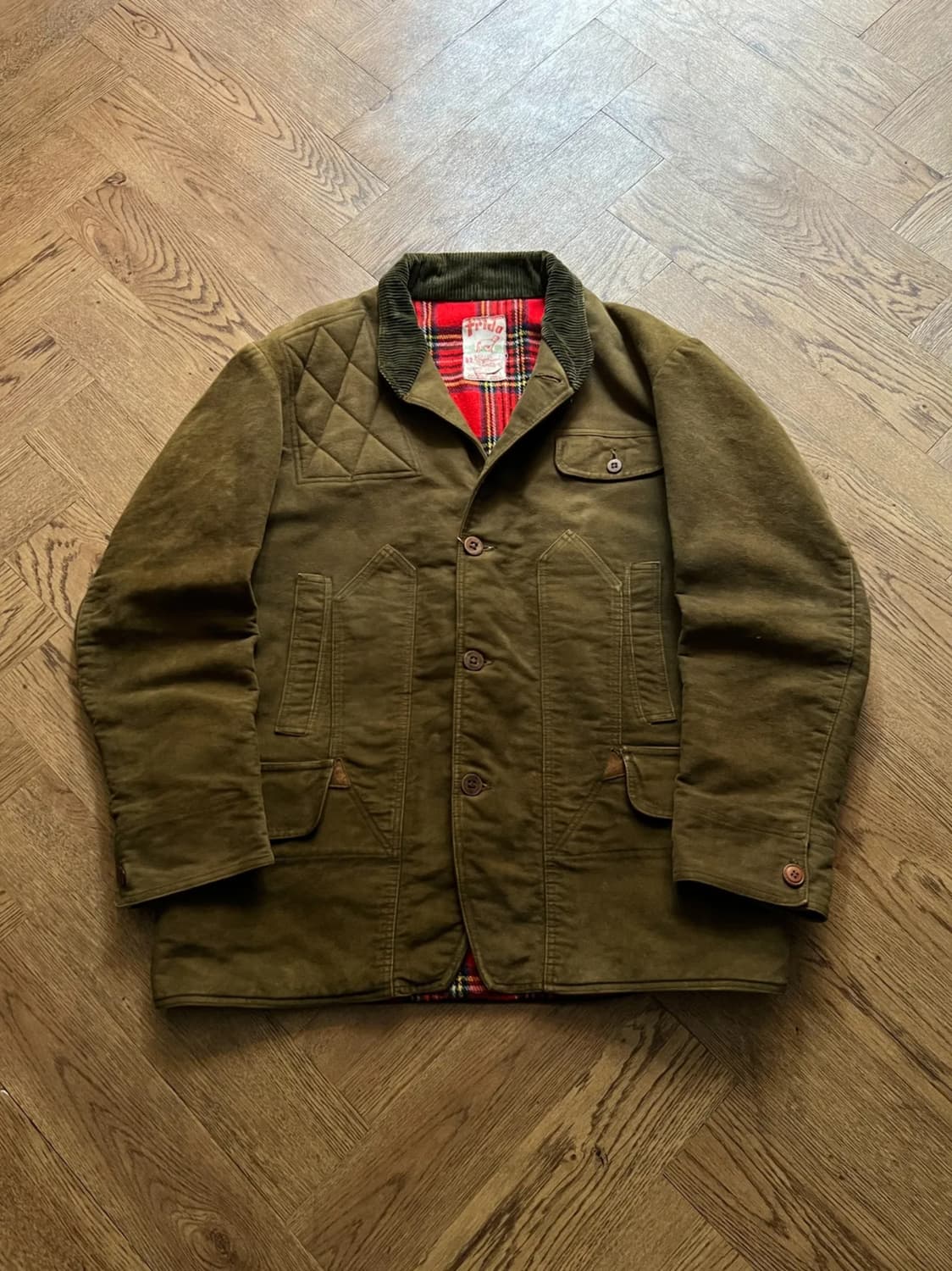 [XL]6~70's 유로 빈티지 체크 라이닝 브라운 섀미 헌팅 자켓 상품이미지1