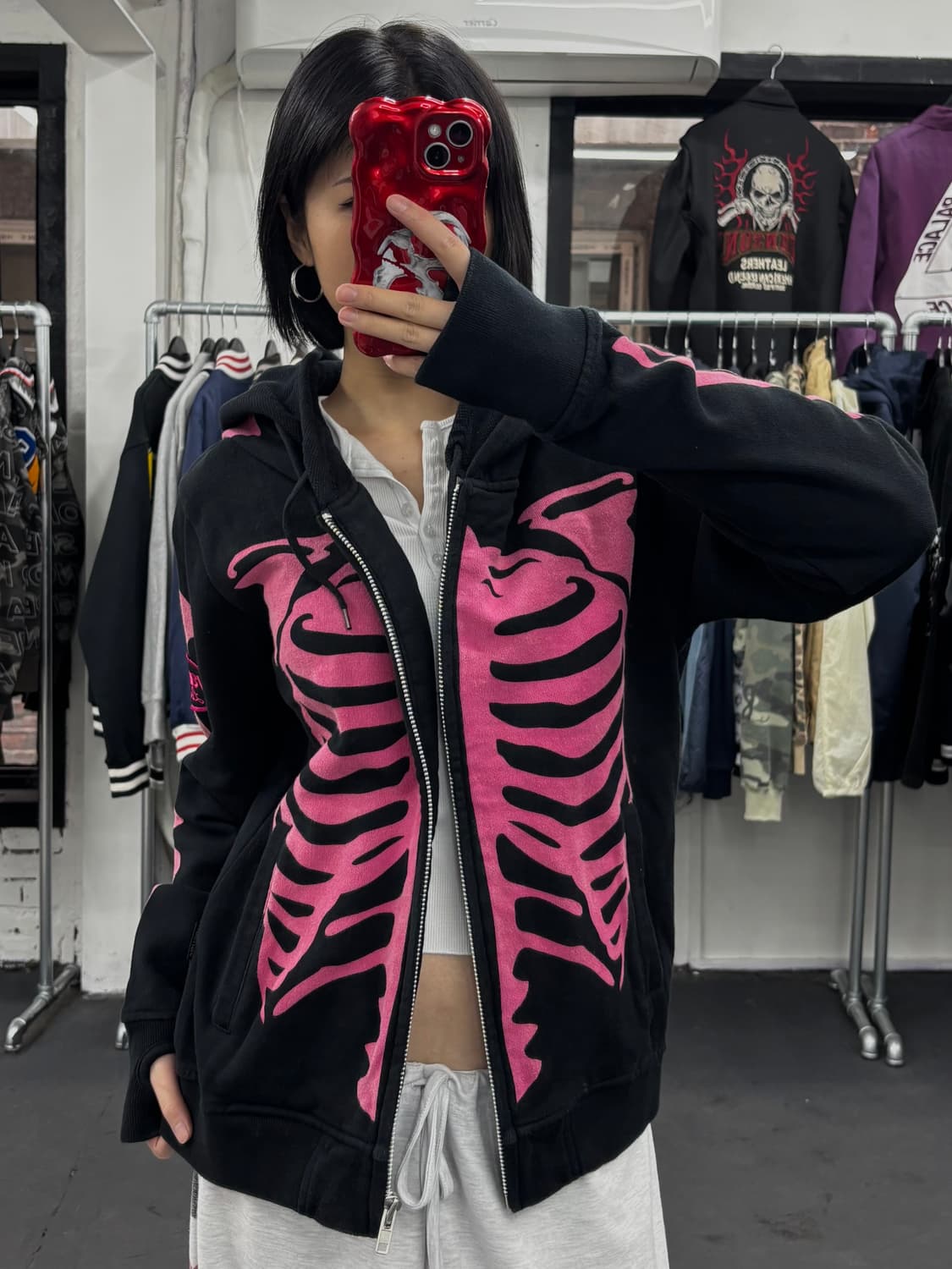 밴슨 레더 핑크 본 후드집업 상품이미지2