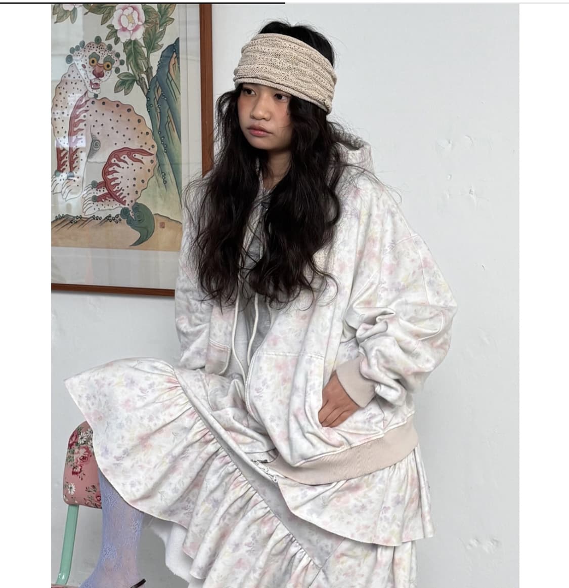 당일배송) 호쿠스포쿠스 플로랄 후드 집업 라이트 그레이 상품이미지2