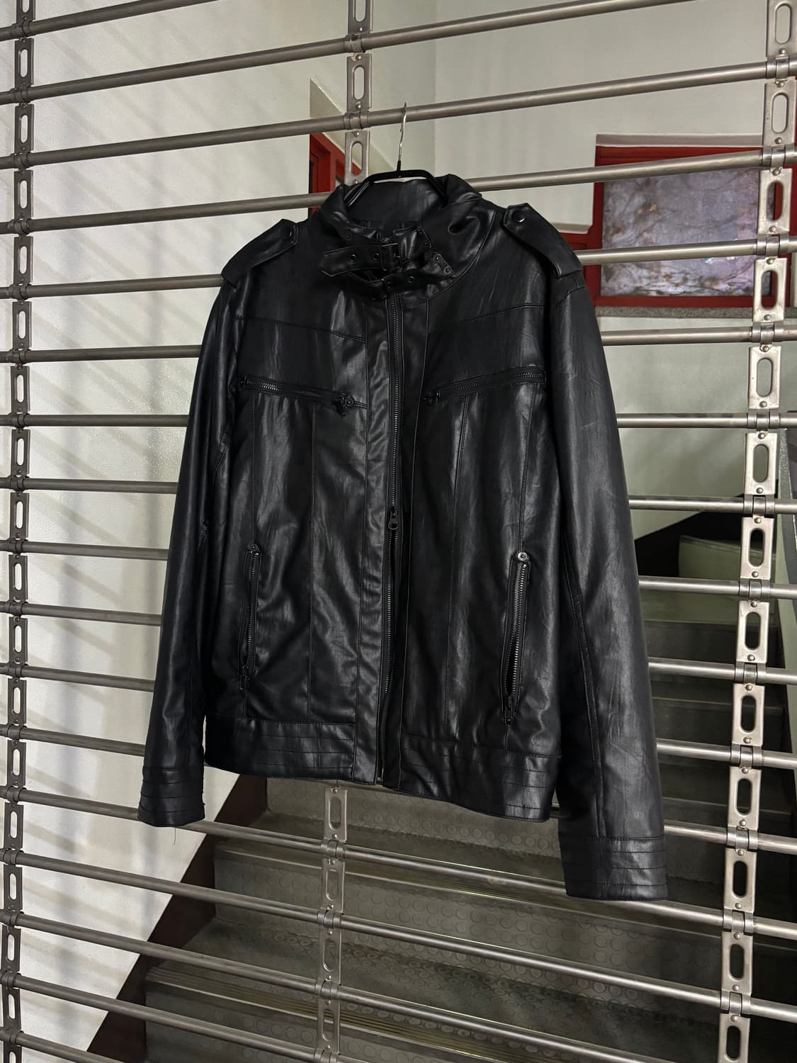 Buckle-Neck Vegan Leather Rider Jacket 상품이미지3