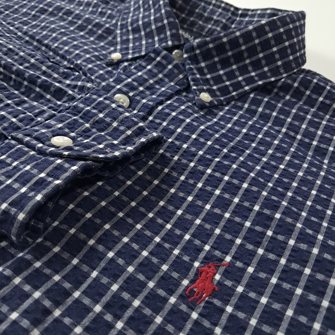 CK162 L 폴로 90s 미국판 시어서커 로얄네이비 스몰체크 셔츠 남 상품이미지4