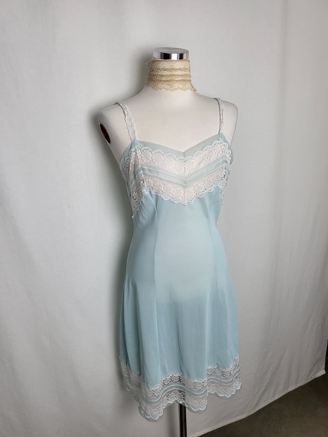 빈티지 아이스 블루 레이스 슬립 원피스 상품이미지1