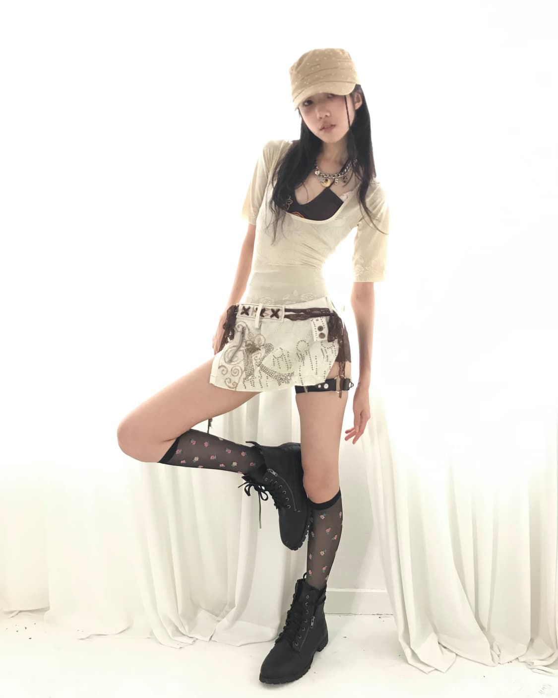 Beige star⭐️stitch shirring military cap 상품이미지7