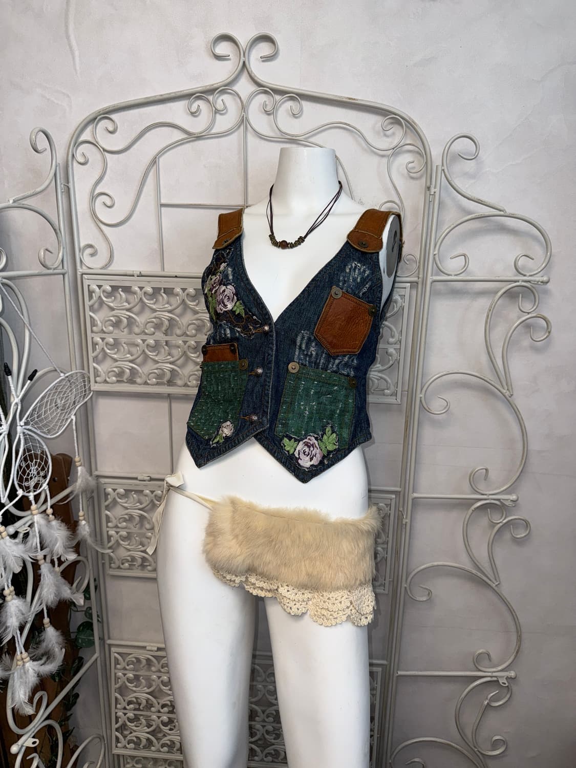 Bohemian flower leather patch denim vest 상품이미지4
