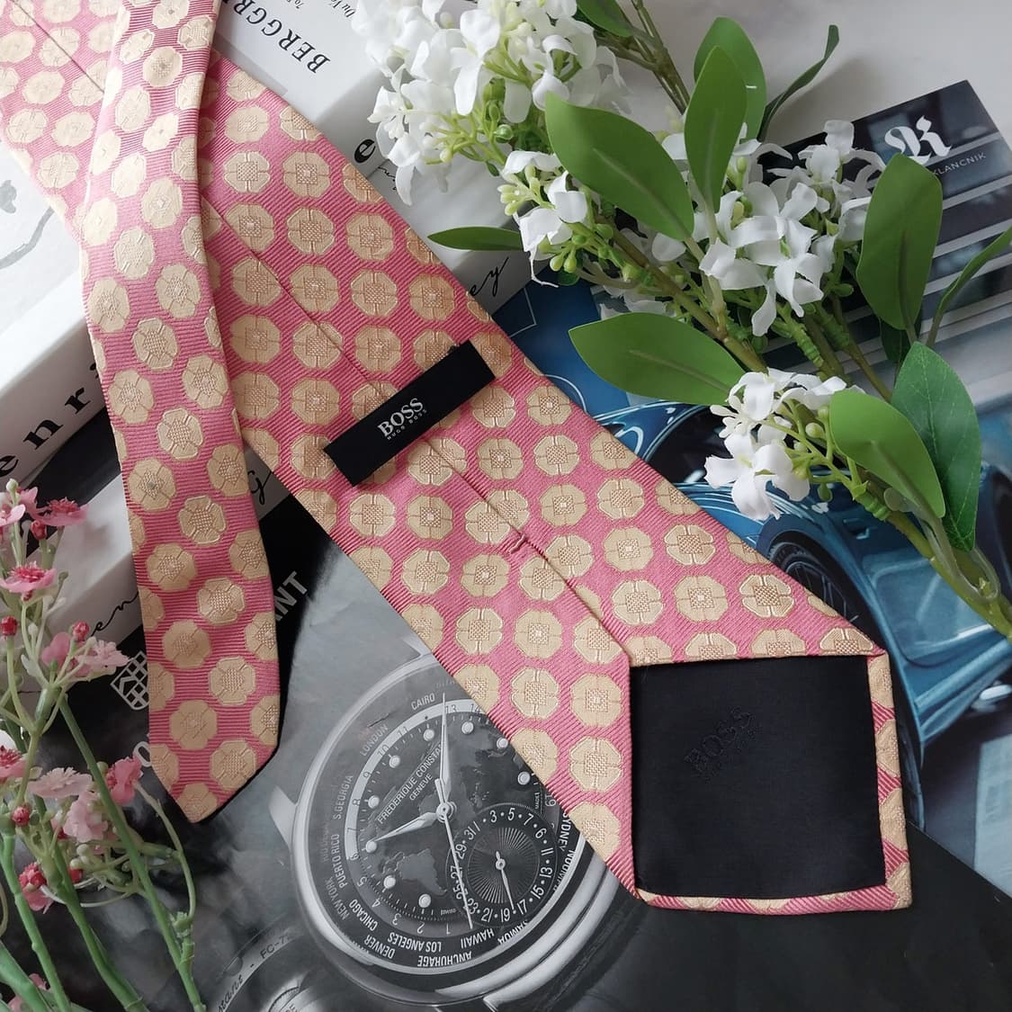 휴고보스 실크 핑크 플로럴 기하 패턴 넥타이 9.1cm A등급 K1653 상품이미지5