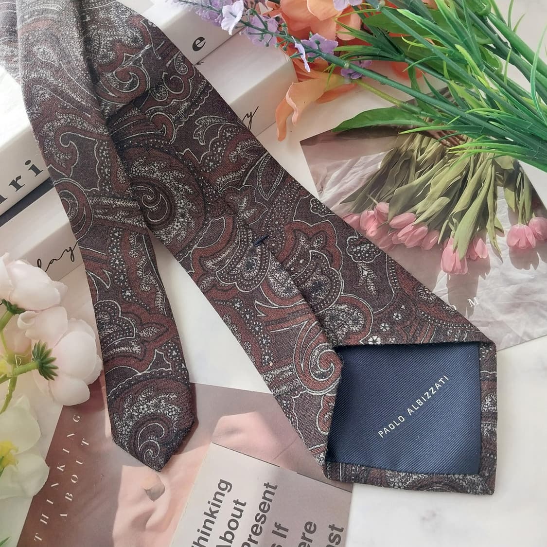 파올로 알비짜티 울 브라운 페이즐리 넥타이 8.8cm A+등급 K1280 상품이미지4