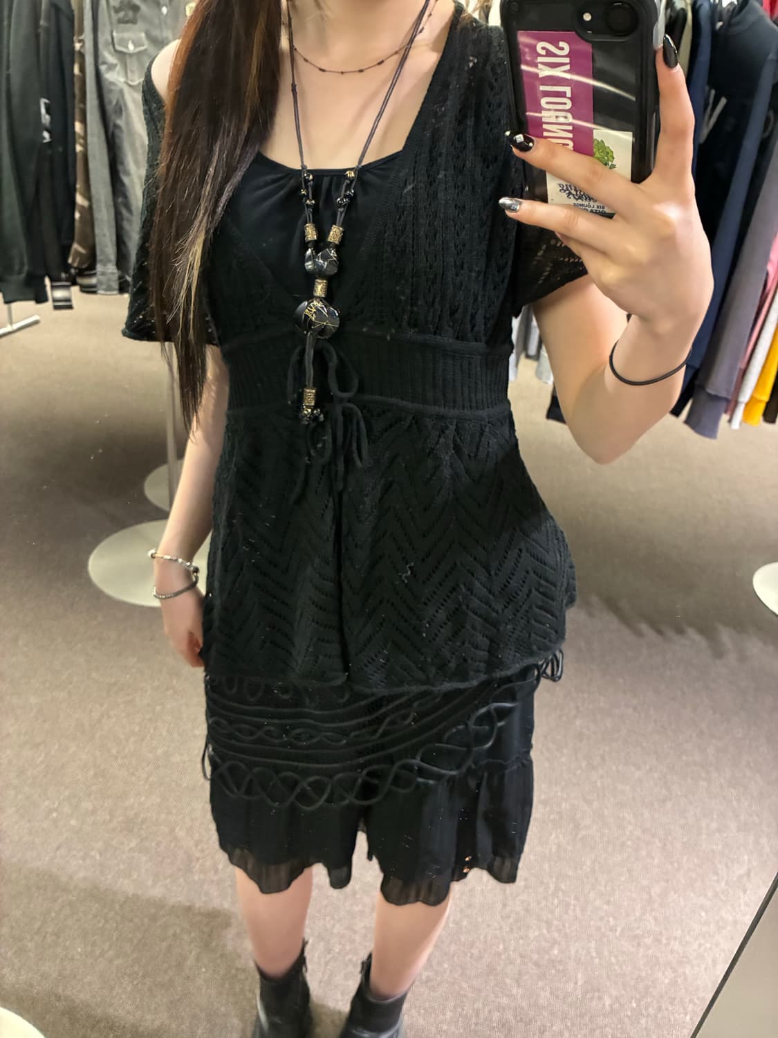 L)Japanese vintage 여성 펀칭 디자인 반팔 가디건 상품이미지7