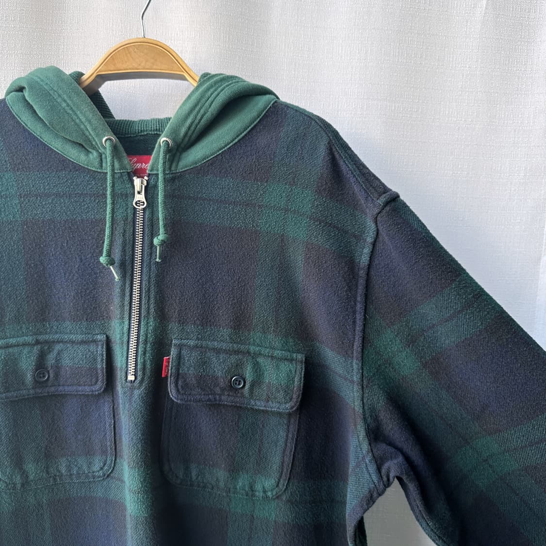 슈프림 16FW 후디드 체크 하프 집업 플란넬 셔츠 네이비 그린 L 상품이미지3