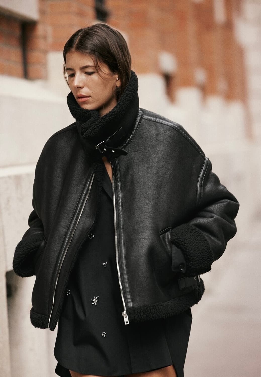 자라 ZARA 더블 페이스드 바이커 무스탕 점퍼 보헴서 맛 블랙 상품이미지4