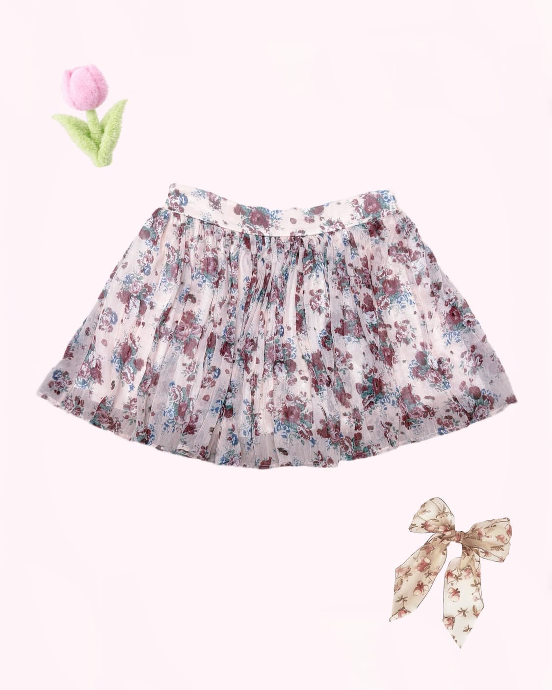 일본 팝갸루 핀터깔 플라워 포인트 핑크 샤 디테일 뒷 밴딩 미니스커트  상품이미지1