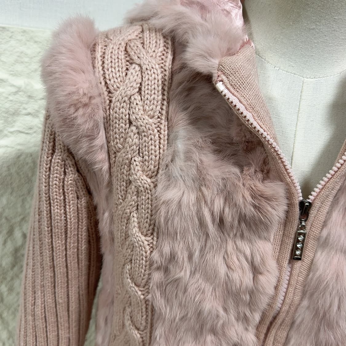 빈티지 로즈핑크 토끼털 꽈배기 니트자켓 후드집업 상품이미지6
