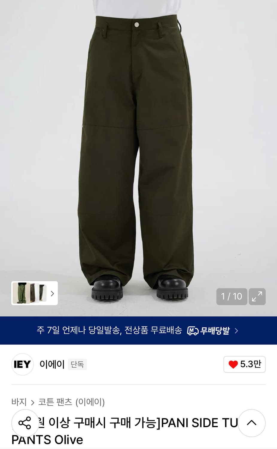 IEY PANI SIDE TUCK PANTS Olive 이에이 코튼 팬츠 상품이미지1
