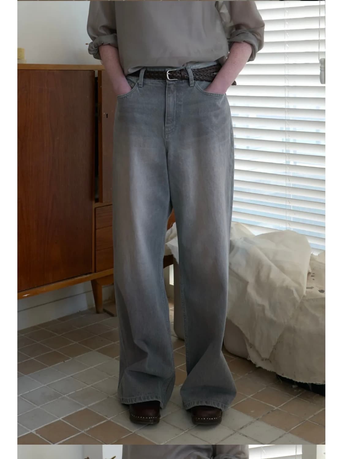 포저 루즈핏 데님 팬츠 연그레이  상품이미지1