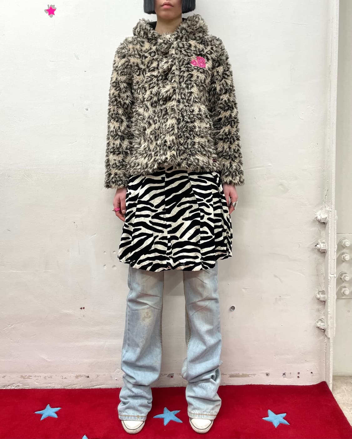 leopard fur rabbit ribbon zip-up hood  상품이미지4