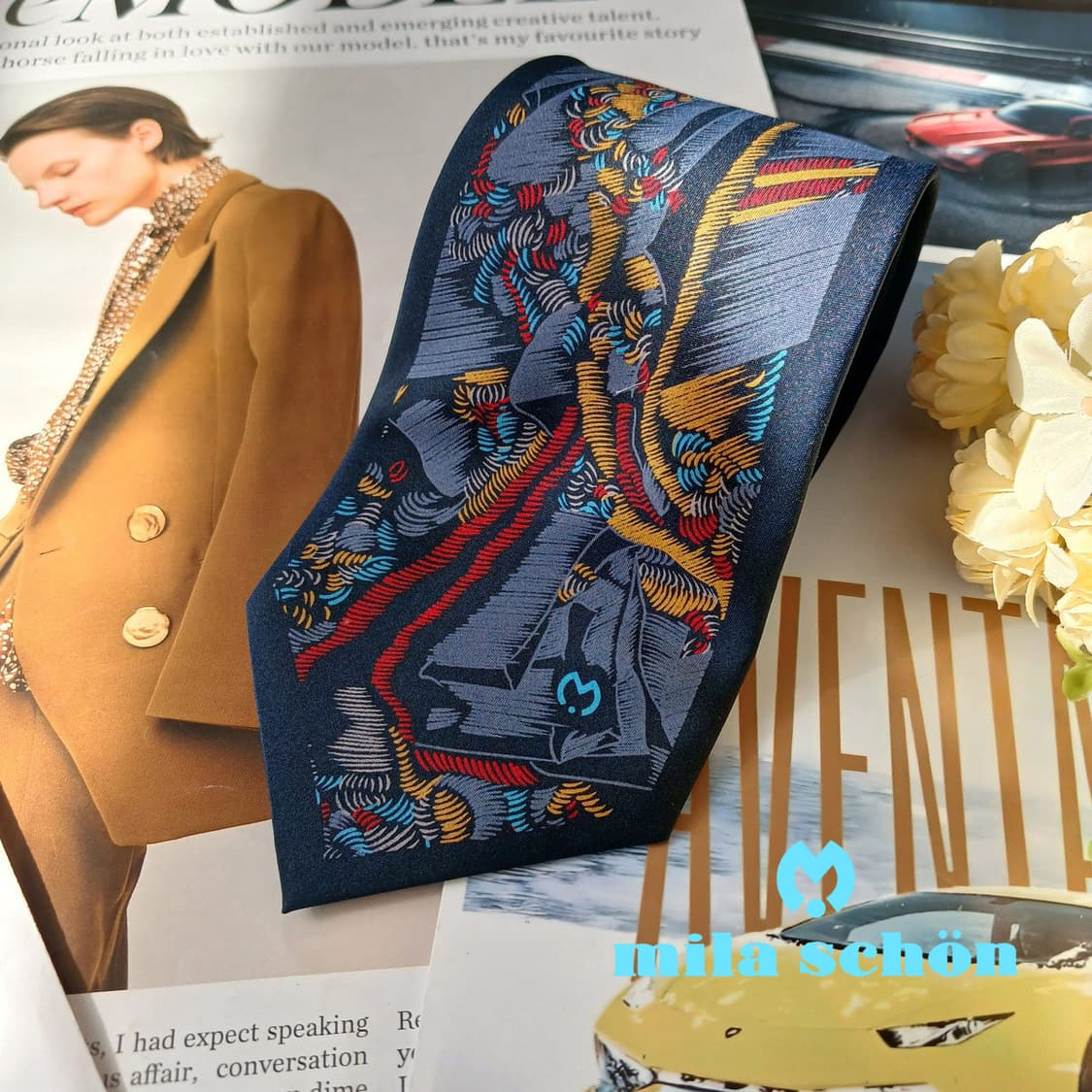 밀라숀 실크 네이비 아트 패턴 넥타이 9.5cm A+등급 A19865 상품이미지1