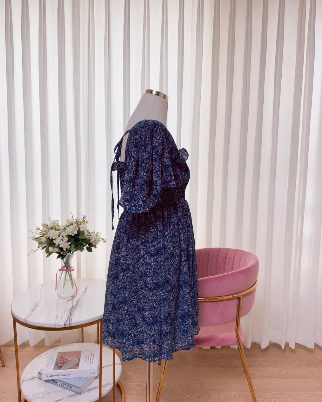 스퀘어넥 스모크 뒷리본 프릴 퍼프 원피스 상품이미지5