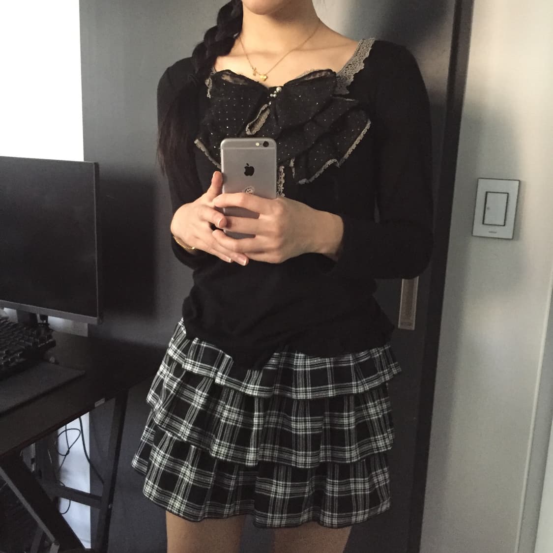 axes 히메갸루 러블리 빅리본 레이스 니트 & 체크 스커트 세트 상품이미지3