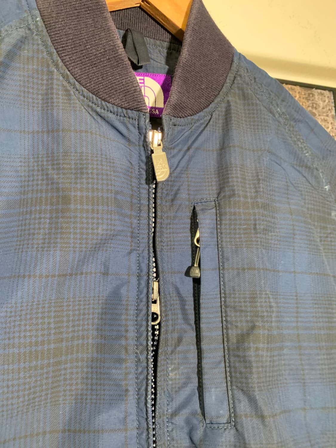 노스페이스 퍼플라벨 블루 체크 패턴 블르종 ma1 자켓 상품이미지3