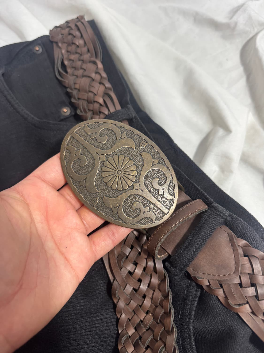 빈티지 웨스턴 오벌 버클 브레이드 레더 벨트 상품이미지3