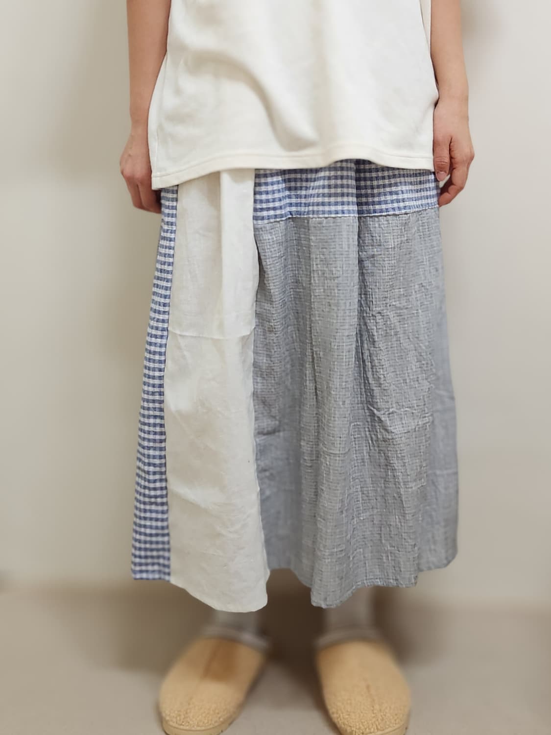 [기장수선가능] 360도 양면 블루 깅엄 체크 패치워크 화이트 롱스커트 상품이미지2