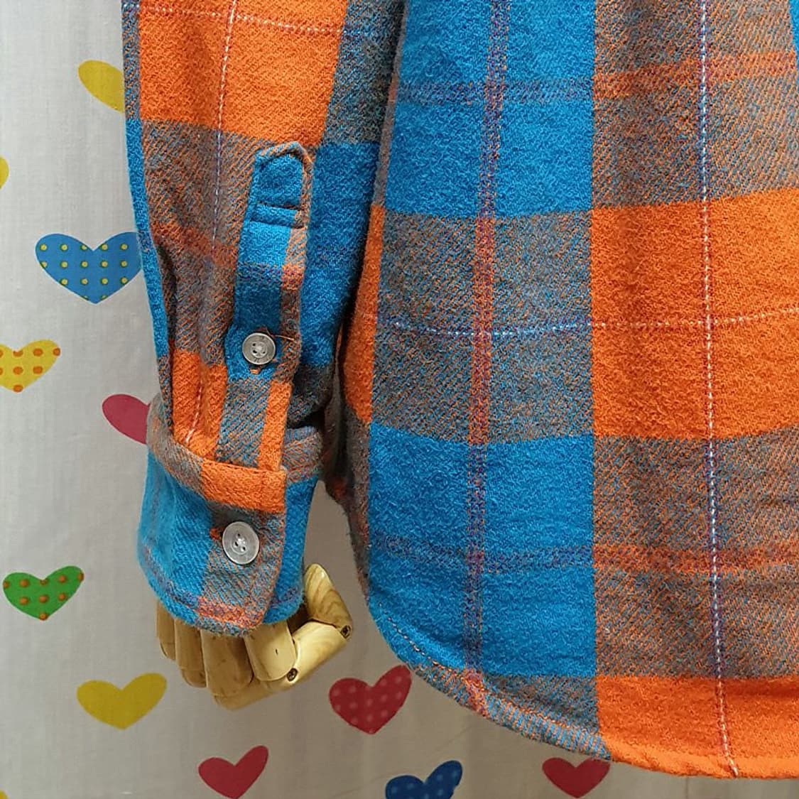엑스걸 배색투톤 오렌지 블루 플란넬 체크패턴 캐릭터 그래픽자수 셔츠 남방 상품이미지6