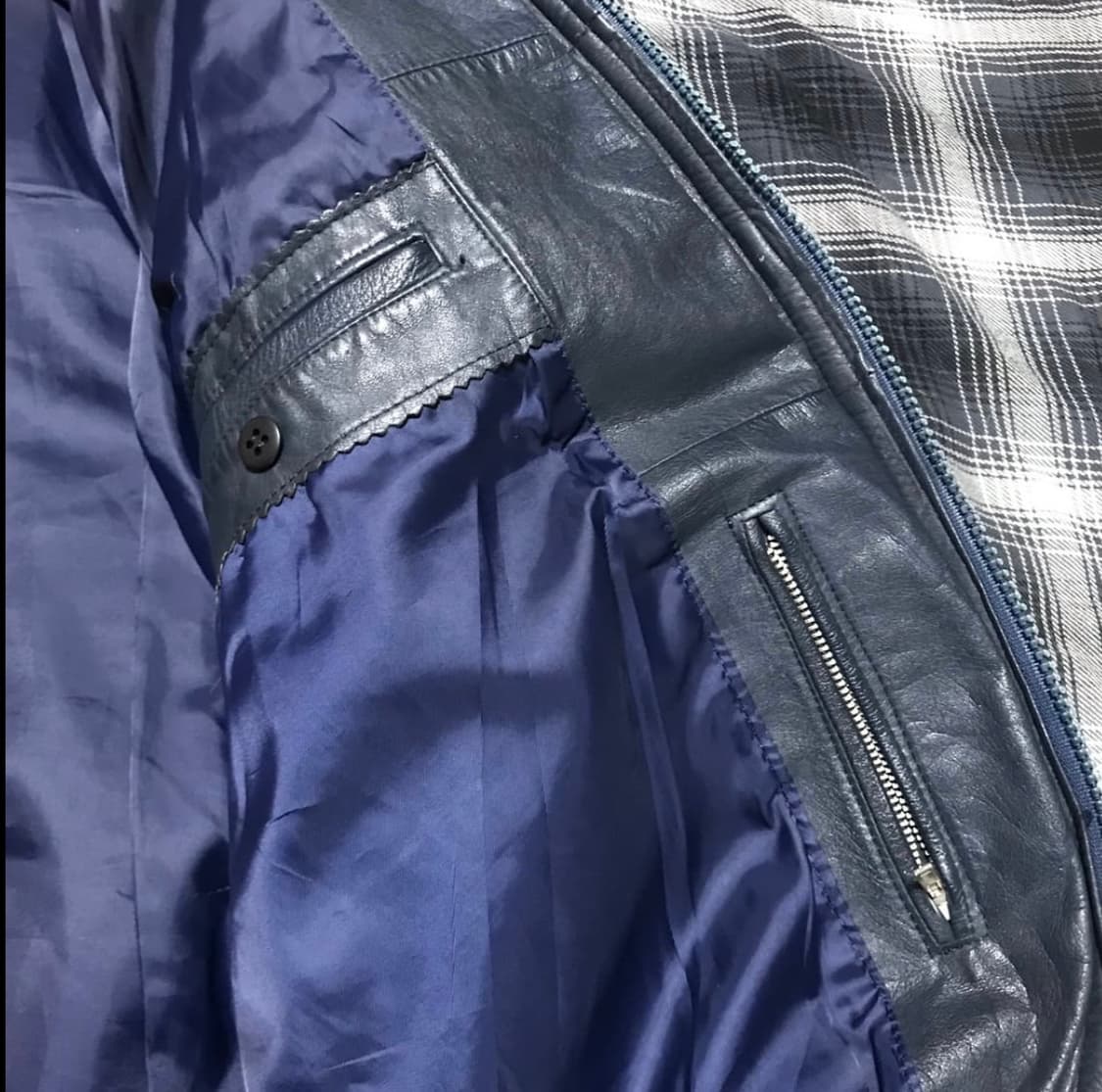 레어 - 재팬 빈티지 블루 블랙 리얼레더 소가죽 패딩 상품이미지5