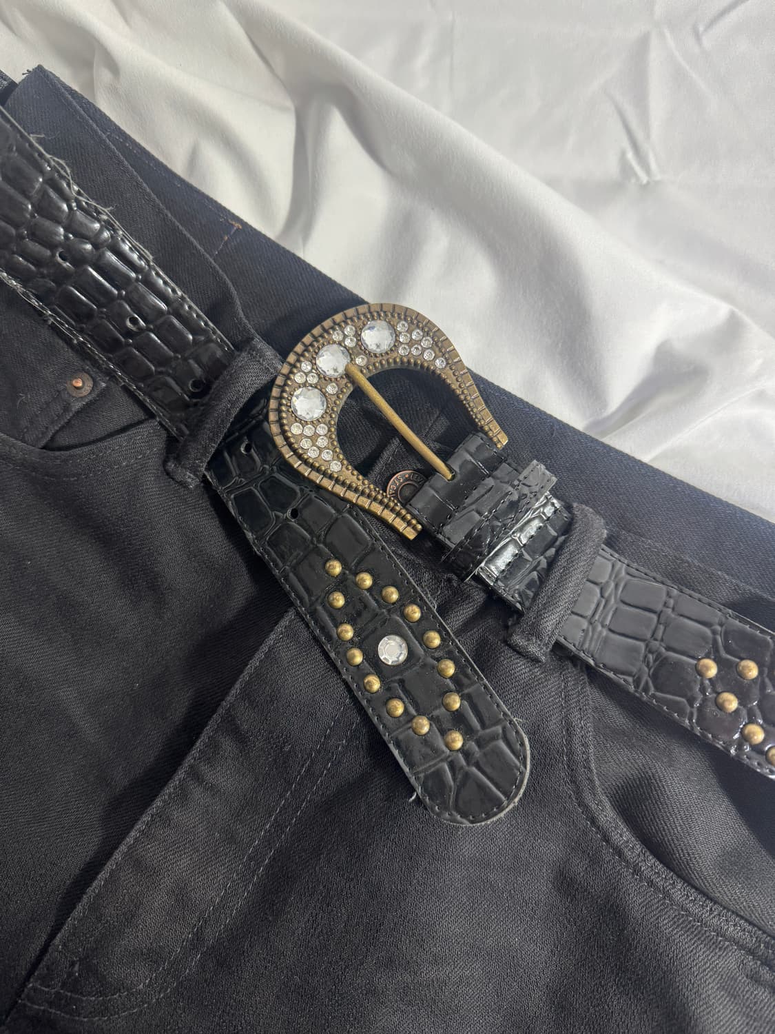 빈티지 크로커다일 크리스탈 스터드 웨스턴 레더 벨트 y2k vkei 상품이미지4