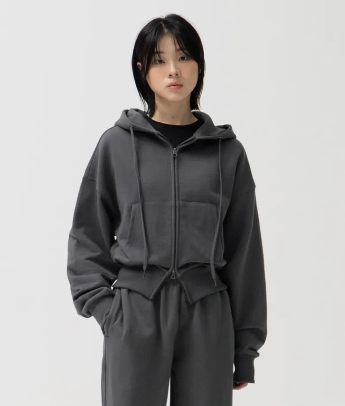 토피 W 2WAY 크롭 스웻 후드 집업 (CHARCOAL) 상품이미지2