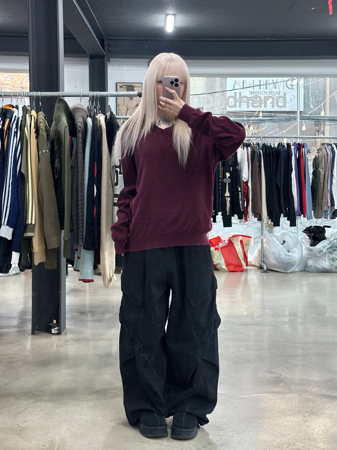 폴로 랄프로렌 파마코튼 브이넥 버건디 올리브자수 니트 상품이미지2