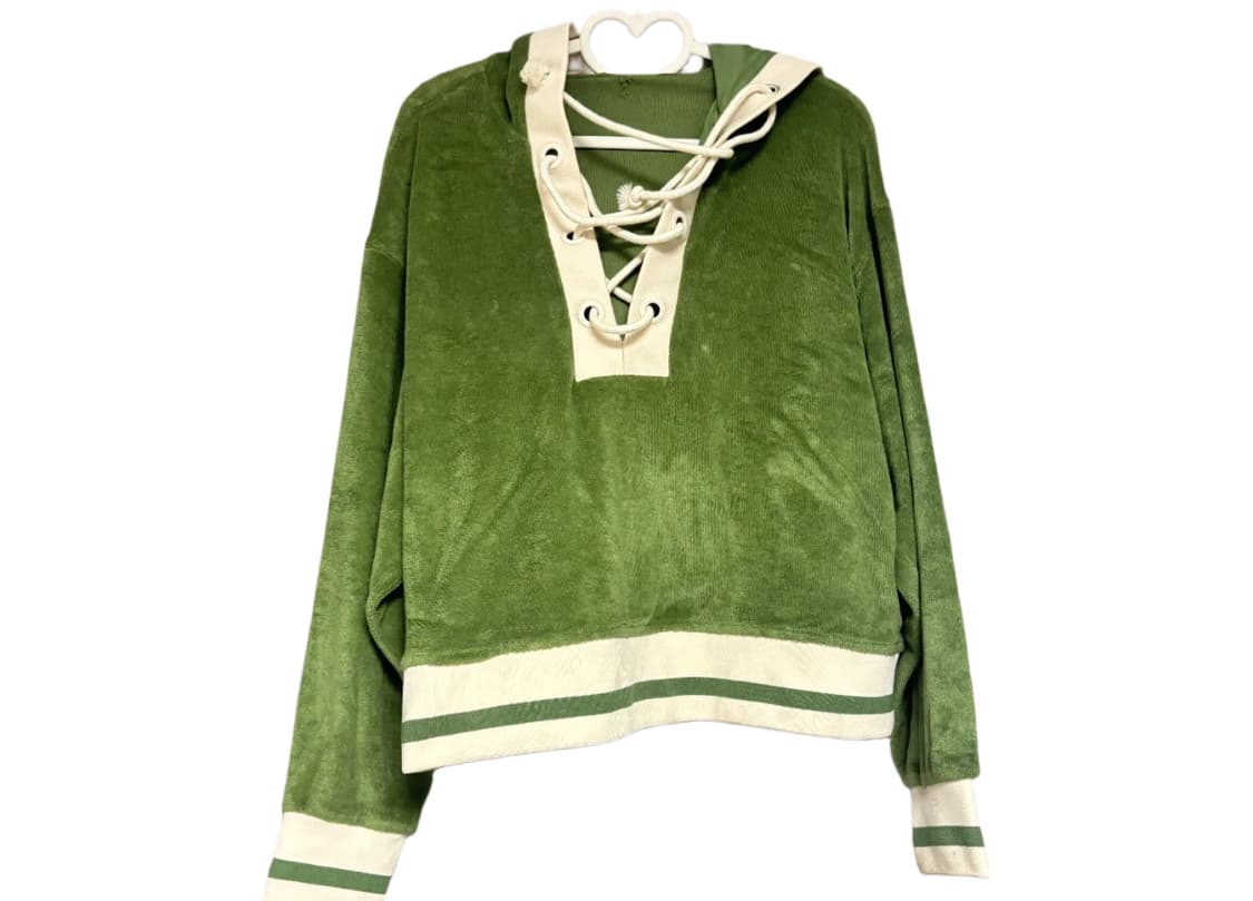 빈티지 Vintage 그린 벨벳 후드티 레이스업 포인트 상품이미지1