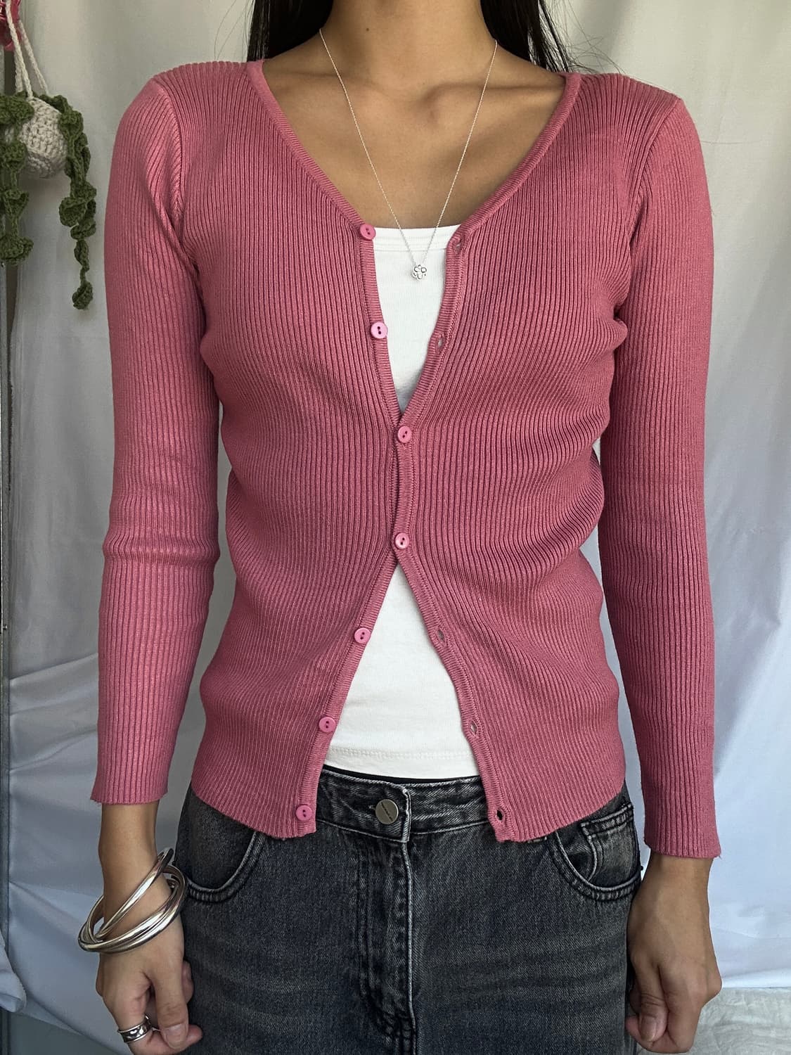빈티지 핑크 골지 가디건 상품이미지1