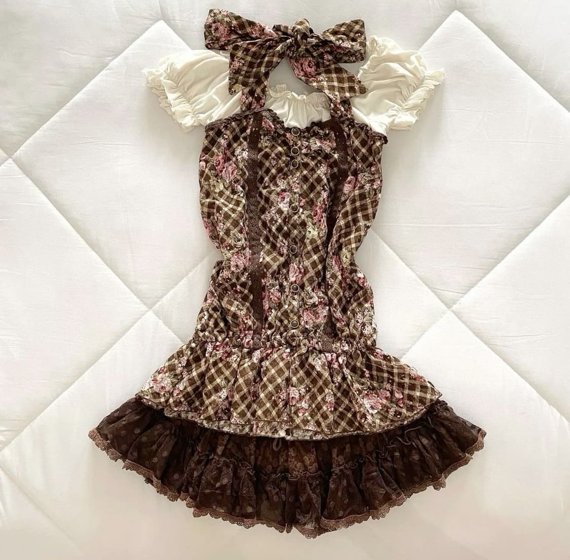 구함) 리즈리사 브라운 플로럴 리본 원피스 오프숄더 라떼 히메 갸루 로걀 상품이미지1