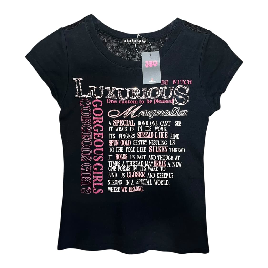 큐빅 레터링 백레이스 시스루 반팔티 키치갸루y2k 상품이미지1